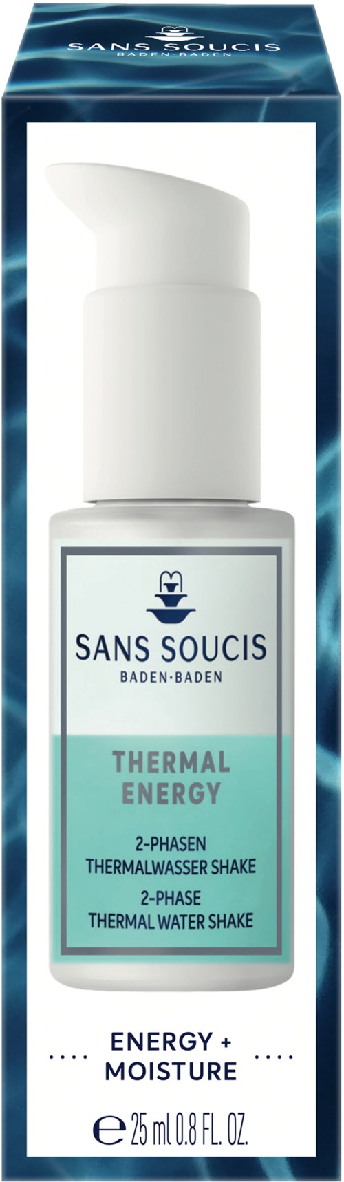A white cosmetic bottle with a pump, labeled 'SANS SOUCIS,' blue and white box featuring product details, 25 ml size.