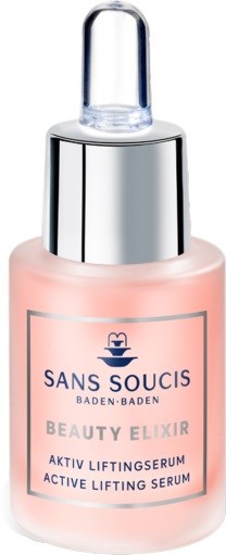 A pink bottle with a dropper cap labeled 'Beauty Elixir, Active Lifting Serum' from Sans Soucis. It looks like skincare.