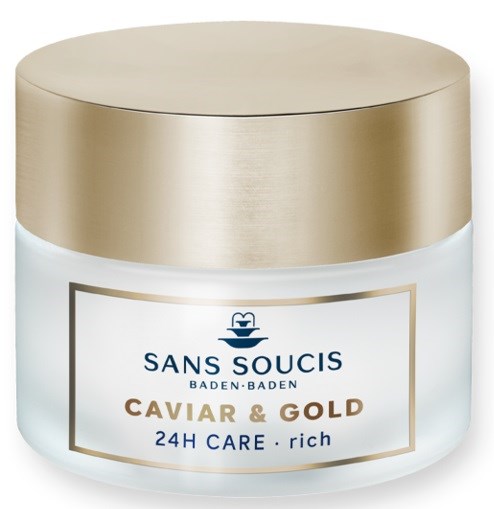 En hvit krukke med gullokk og en etikett som sier "Caviar & Gold" for hudpleie, fra Sans Soucis.