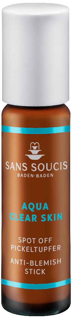 A small brown bottle with a white cap, labeled 'Sans Soucis Aqua Clear Skin' for spot treatment and anti-blemish.