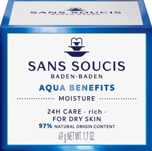 A blue and white box labeled 'SANS SOUCIS' with a water drop logo, describing a skin moisturizer product.
