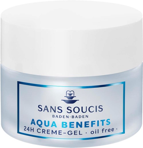En krukke med Sans Soucis Aqua Benefits 24H krem-gel, oljefri, med blå og hvit etikett. Krukken er rund med lokk.