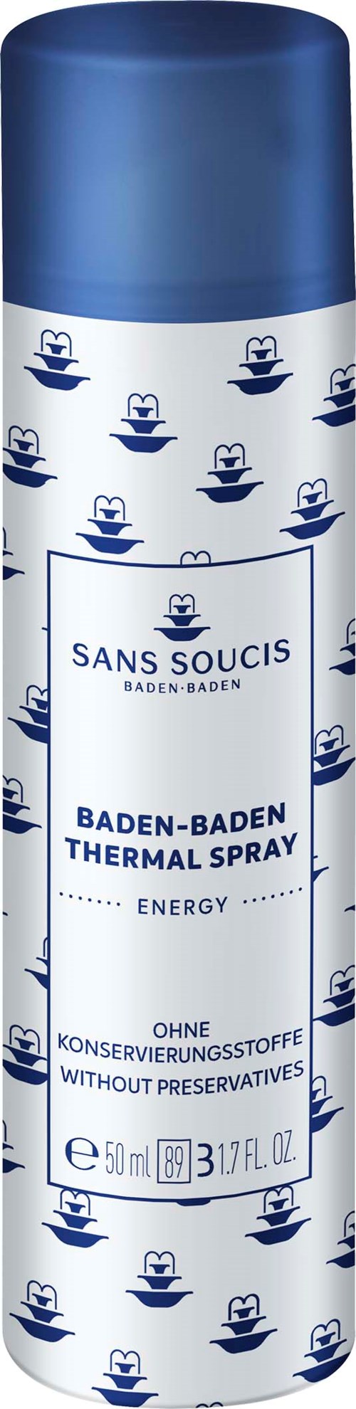 A blue canister labeled 'Baden-Baden Thermal Spray' for energy without preservatives.