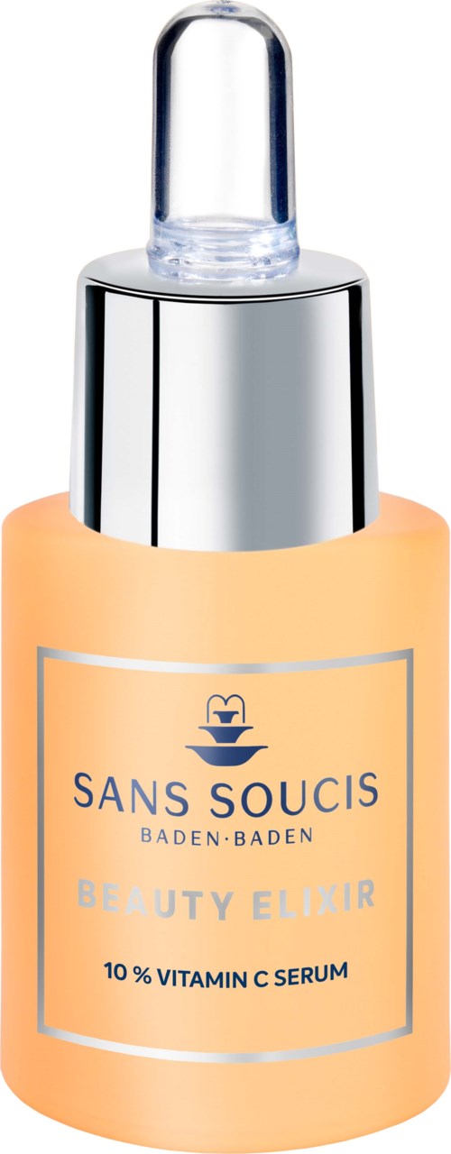 A bottle of beauty elixir with Vitamin C serum by Sans Soucis, Baden-Baden, featuring a dropper cap.