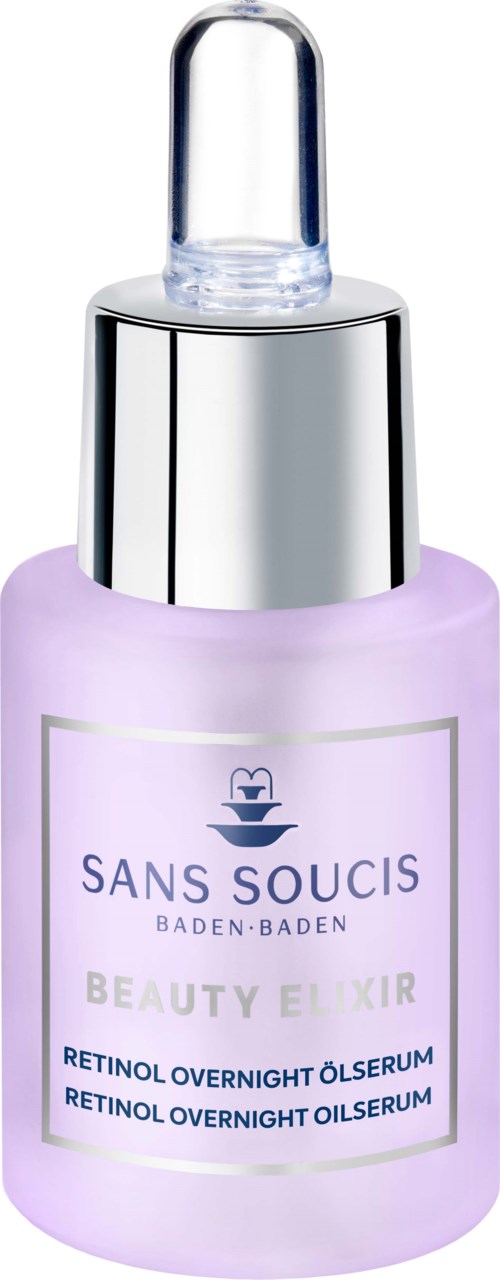 A purple bottle with a dropper cap labeled 'Sans Soucis Beauty Elixir' and 'Retinol Overnight Oil Serum.'