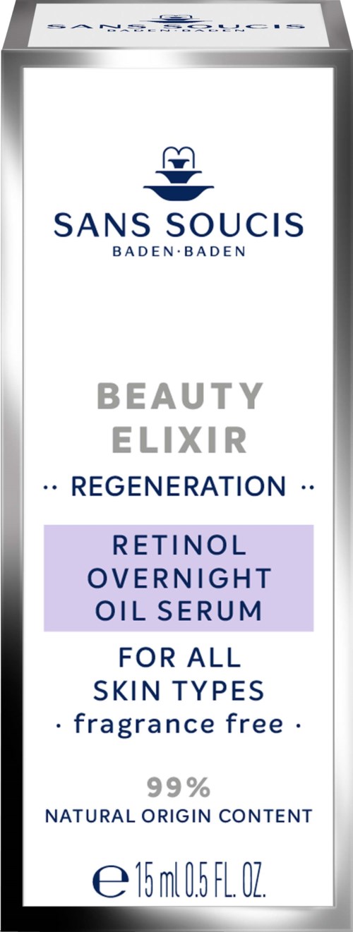 The box contains a beauty elixir product with retinol overnight oil serum for all skin types, fragrance free, 99% natural.