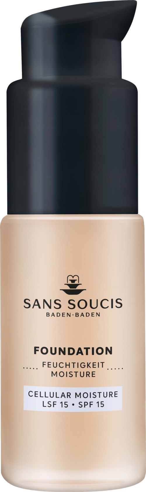 A beige liquid foundation in a bottle with a black pump, labeled 'Sans Soucis.'