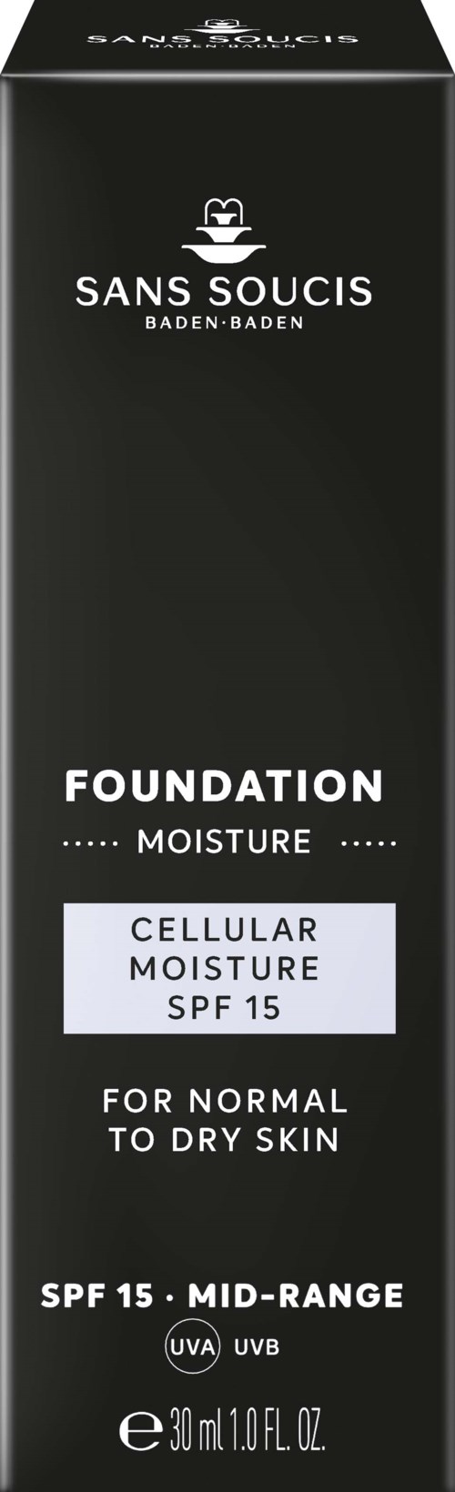 A black box with white and purple text, labeled for skin foundation with SPF 15 for normal to dry skin.