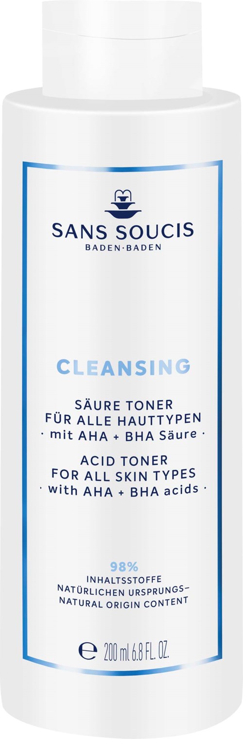 En vit flaska med blå och svart text. Det är en rengörande syftetoner för huden med AHA och BHA-syror.