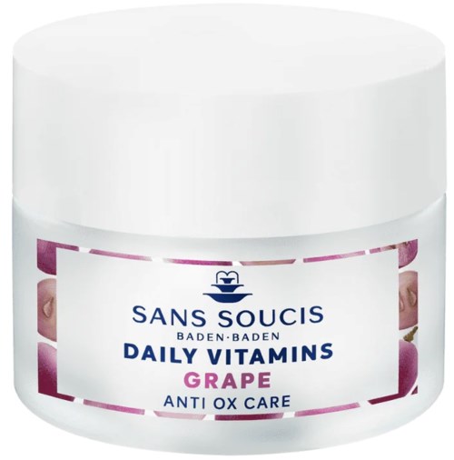A white jar of daily vitamins called Sans Soucis with grape flavor, focusing on anti-oxidant care.