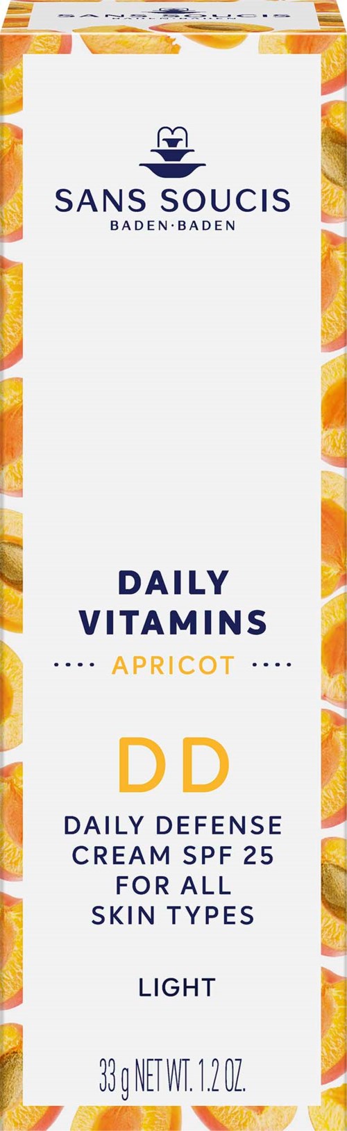Eine Schachtel zeigt ein Vitaminprodukt mit Aprikosen-Geschmack, SPF 25, für alle Hauttypen, leichter Schutz, 33g.