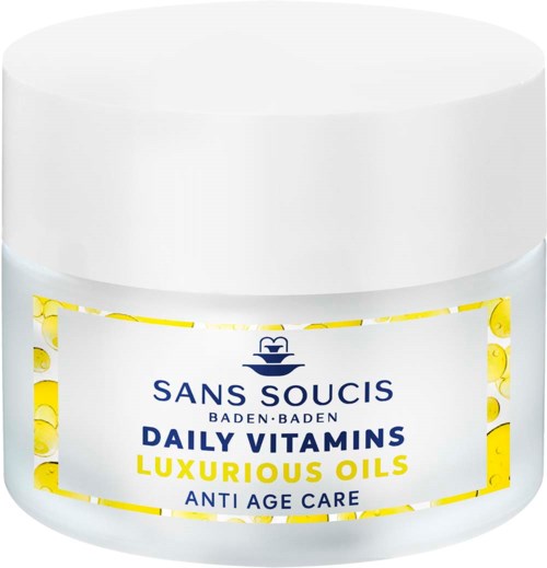 En krukke med Sans Soucis daglige vitaminer med luksuriøse oljer for Anti-Age-behandling.