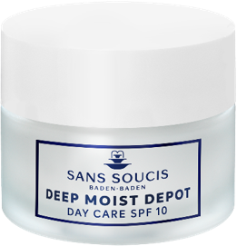 A white jar labeled 'Deep Moist Depot' with SPF 10, from Sans Soucis, Baden-Baden, for daily skin care.
