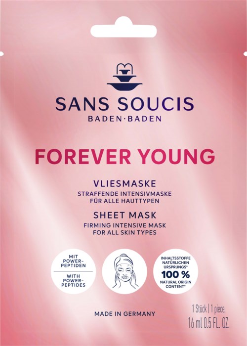 Roze verpakking voor een gezichtsmasker van Sans Soucis, Duitsland, met woorden over versteviging en natuurlijke ingrediënten, voor alle huidtypes.