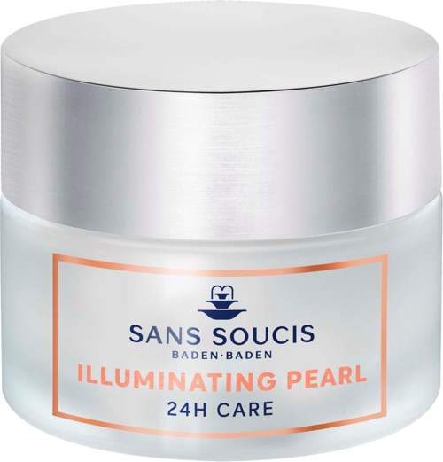 A round jar with a silver lid and label that says 'Illuminating Pearl' and '24H Care' for skin.  