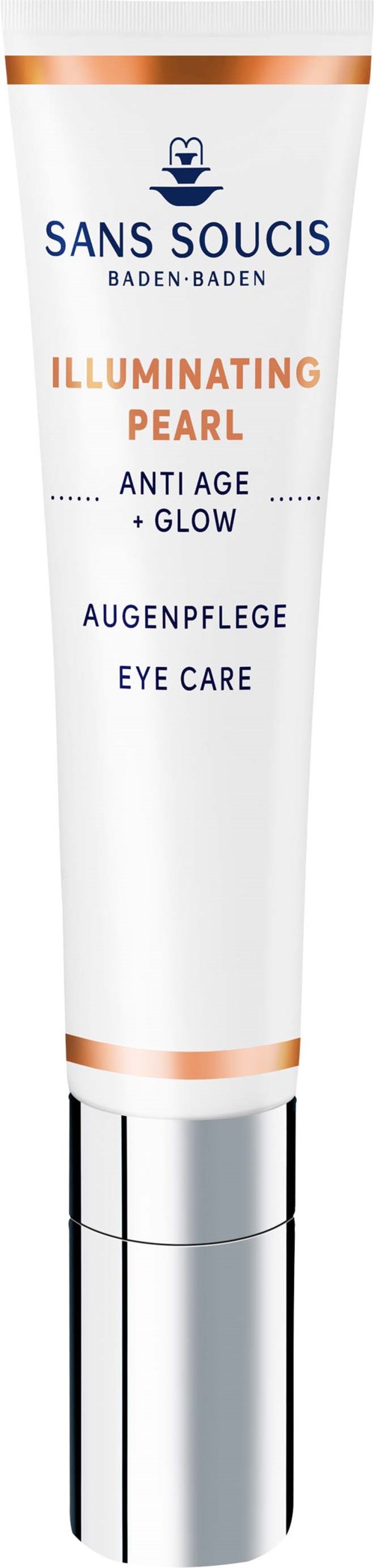 A white tube with silver cap, labeled 'Illuminating Pearl' eye cream, emphasizing anti-age and glow benefits.