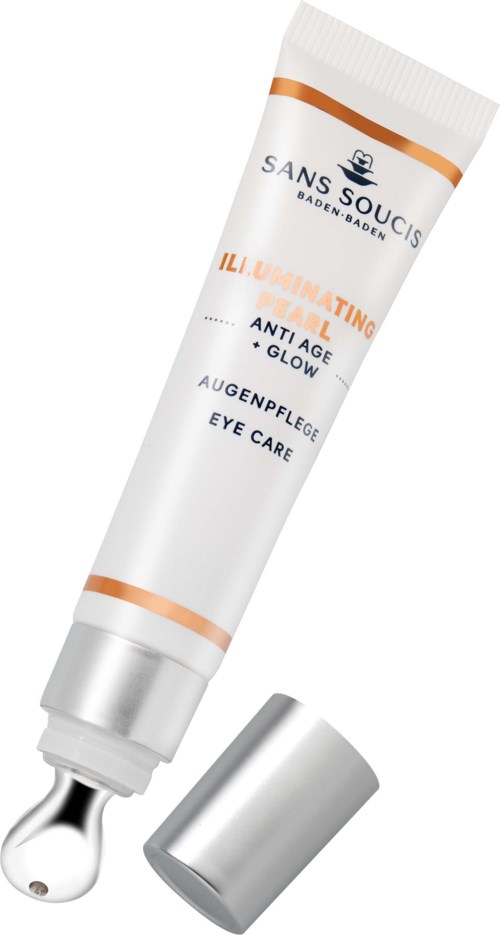 A tube of eye care cream with a roller ball applicator and silver cap, labeled for anti-aging and anti-glow properties.
