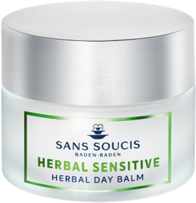 A white jar with a silver lid, label reads Sans Soucis Herbals Sensitive Herbal Day Balm.