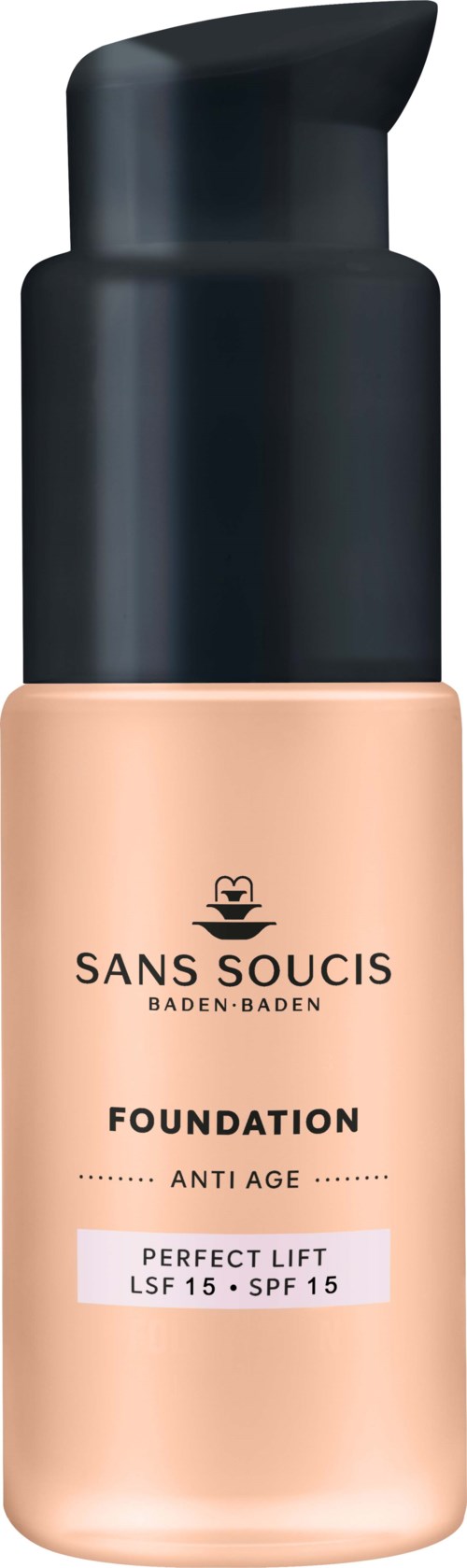 En flaske fra Sans Soucis med foundation, SPF 15 og anti-aldrings egenskaper. Den har beige væske og svart pumpe.