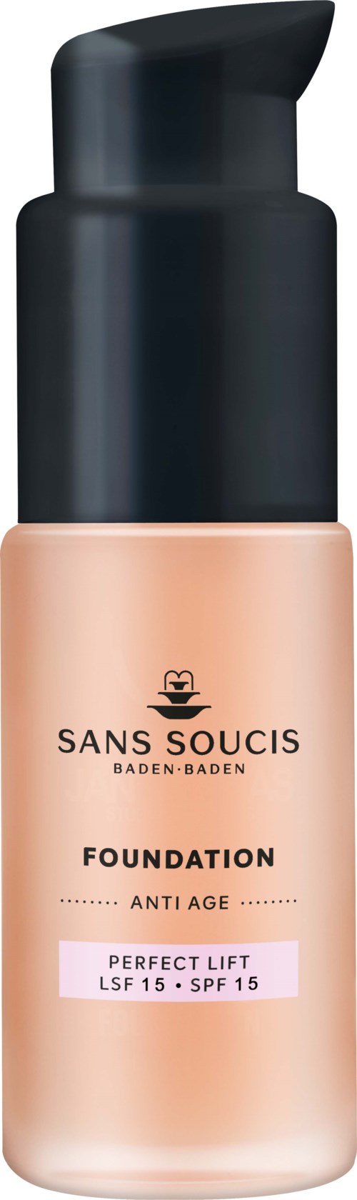 En rosa foundationflaske med svart pumpe, merket 'Sans Soucis' og 'Perfect Lift' med SPF 15.