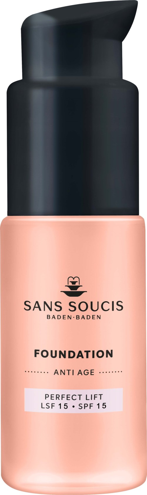 En rosa flaske med foundation med svart pumpe og merking som viser SPF 15 og anti-aldring egenskaper.