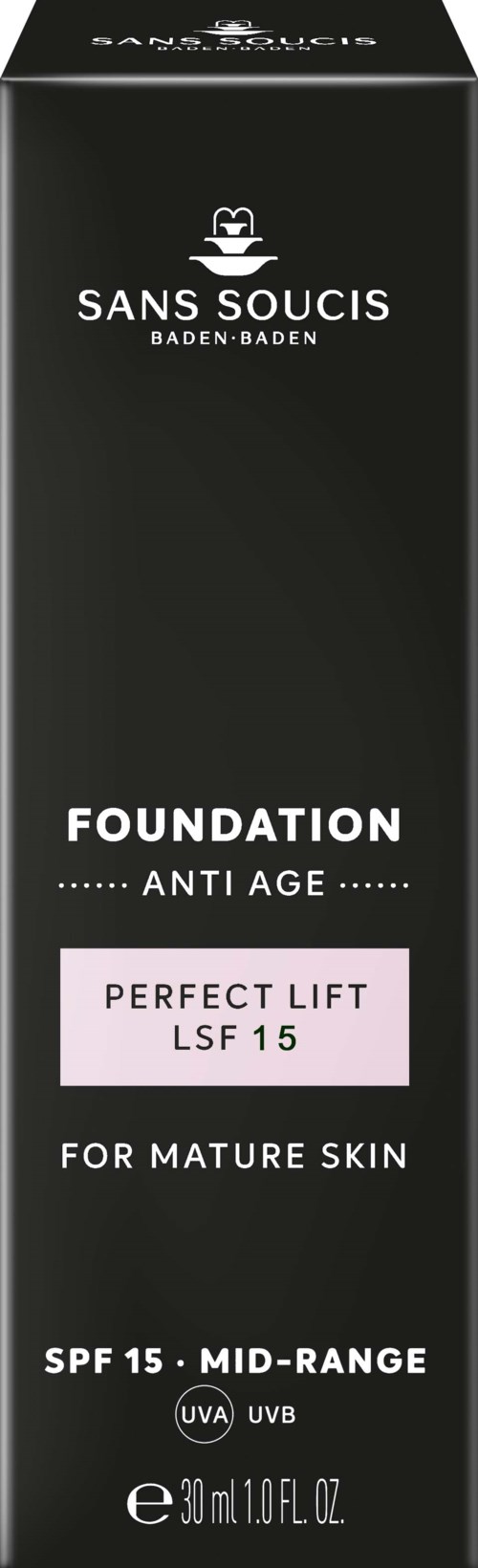 En svart eske med hvit og rosa tekst som beskriver foundation for moden hud, SPF 15, anti-aldring og perfekt løft.
