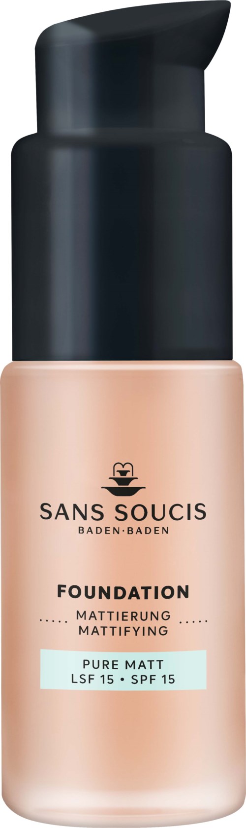 A bottle of foundation with a black pump and beige liquid inside.