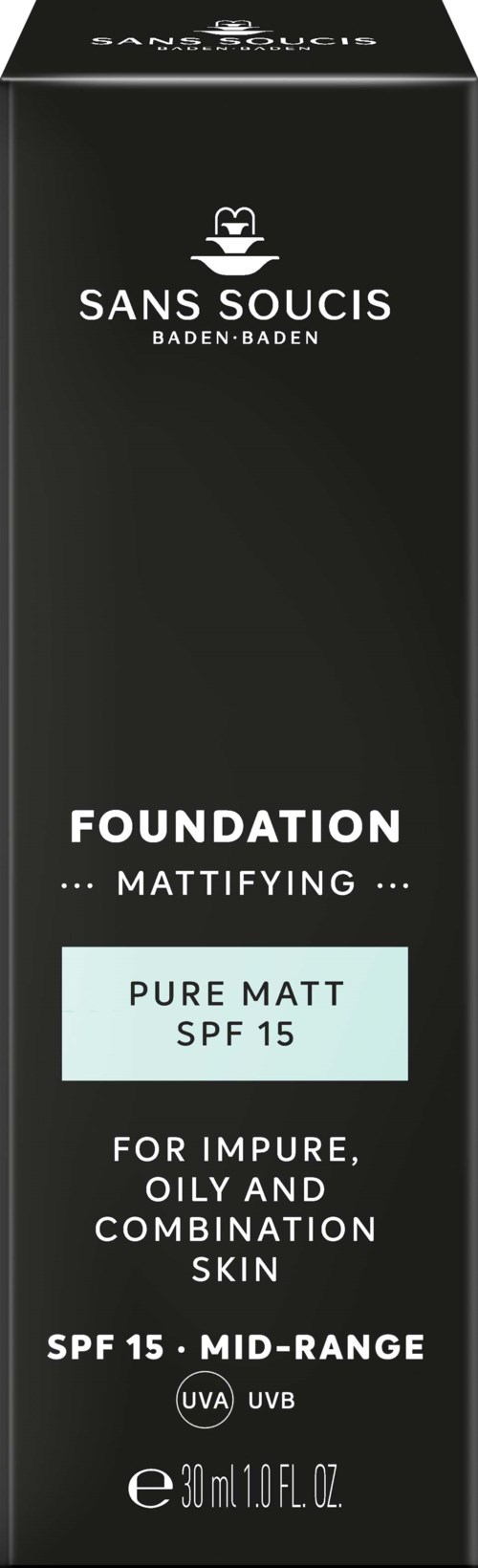 A black skincare box labeled 'SANS SOUCIS' with white and light blue text, describing a foundation for oily, acne-prone skin.
