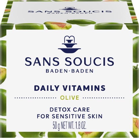 Green box contains daily vitamins with olive, for sensitive skin, 50g. Brand: Sans Soucis, Baden.