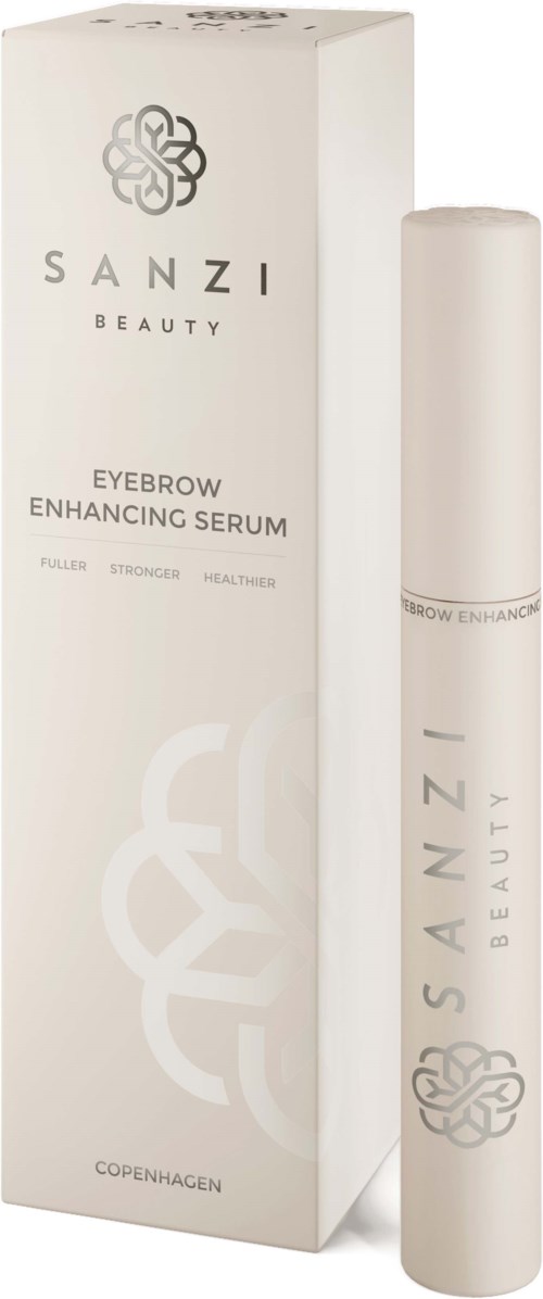Biała butelka i pudełko Sanzi Beauty Serum do brwi z czarnym tekstem i logo kwiatu.