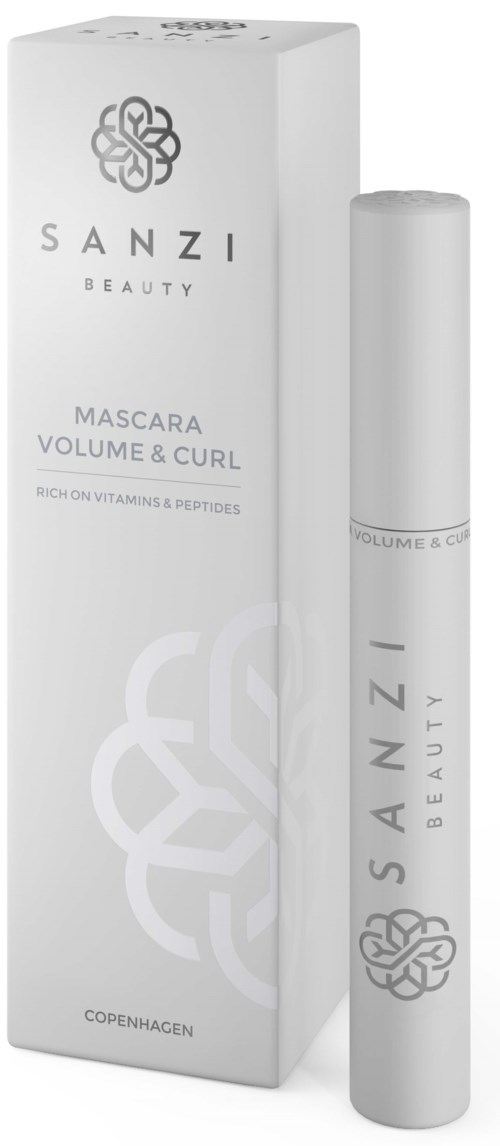 En vit tub och förpackning för SANZI mascara, märkt för volym och böj, med en blomsterlogo och minimalistisk design.