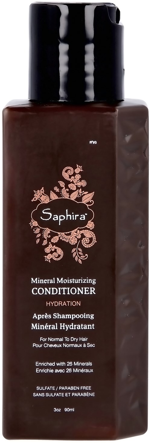 Bruine Saphira-conditionerfles met zwarte dop, geschikt voor mineralenhydratatie voor normaal tot droog haar.