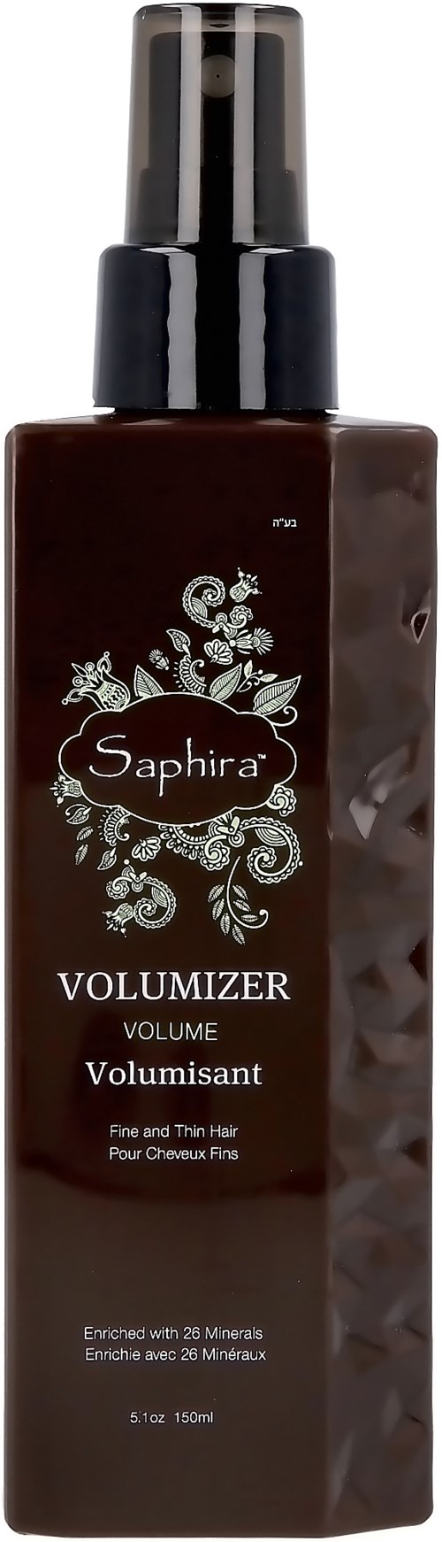 Een bruin flesje met een zwarte spraydop met label 'Saphira Volume' voor haar. Het bevat 150 ml product.