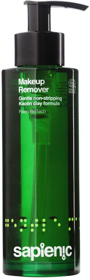 Grön flaska med pump märkt 'Makeup Remover' och 'sapienic' längst ner.