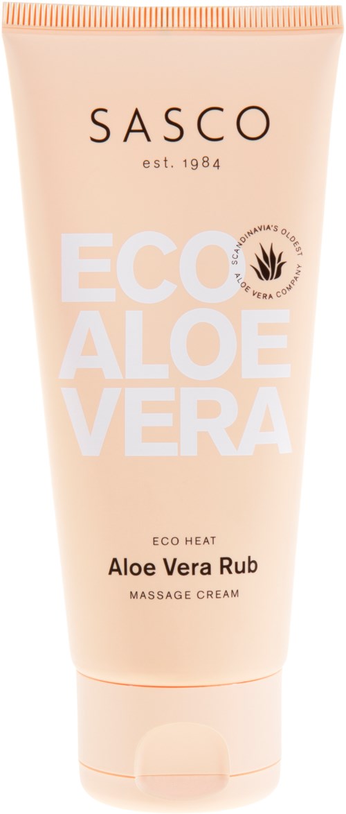 Tube of aloe vera massage cream labeled 'SASCO ECO Aloe Vera Rub'. Light pink color with product info.