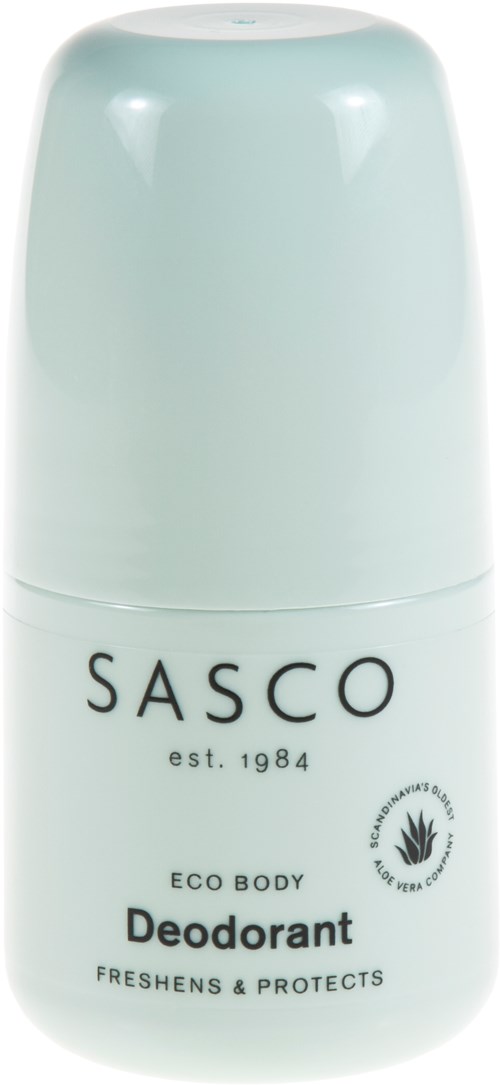 A white roll-on deodorant with black text, stating it is eco-friendly and protects while freshening.