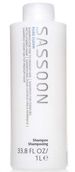 A tall white bottle of SASSOON shampoo with blue and black text, indicating it's for cleaning hair. It has a white cap.