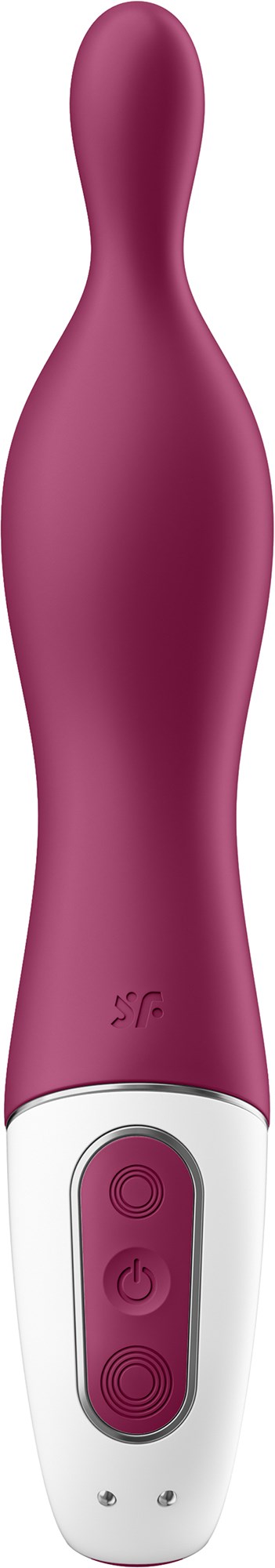Een roze, gebogen massagestang met knoppen op de handgreep voor bediening.