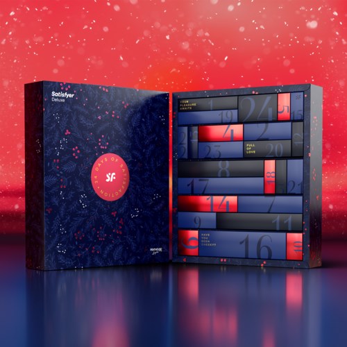 En julkalender med numrerade lådor och rött bakgrund, hyllar julens dagar.