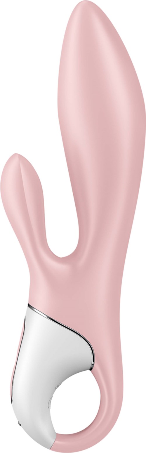 A pink, curved vibrator with a smaller extension and a ring handle at the base.