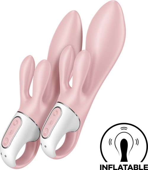 Two pink inflatable rabbit-shaped sex toys with control buttons and an inflatable icon indicating they are expandable.