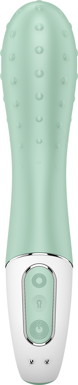 A light green device with a rounded tip, buttons in the middle, and a silver bottom. It looks like a personal care tool.