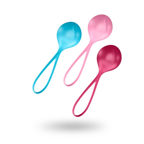 Drei bunte Babyschoppen in Pink, Blau und Rot mit langen Griffen und runden Spitzen.