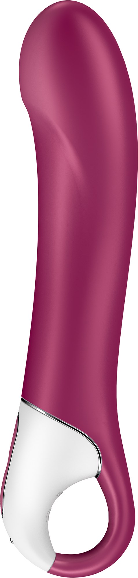 Rosa böjd massageapparat med silverhandtag och hål längst ner.