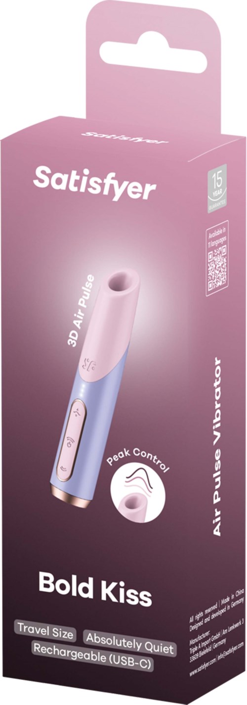 En rosa och blå personlig vibrator i förpackningen, märkt 'Bold Kiss', med resefunktion och uppladdningsbart.