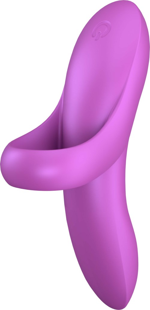 A purple, curved object with a seat and a small button on top, shaped like a chair.
