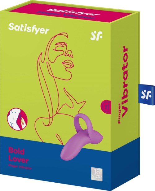 Packaging for a vibrator toy with pink and purple colors, brand name, and description "Bold Lover".