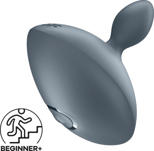 Ein kleines, graues, ergonomisches Gerät mit runder Form und einem Vorsprung, möglicherweise zum Halten oder Steuern.