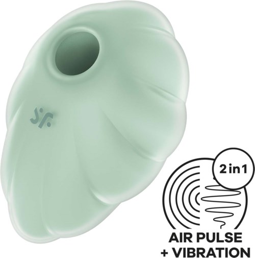 A mint green massage pillow with a large hole, labeled "2 in 1" for air pulse and vibration features.