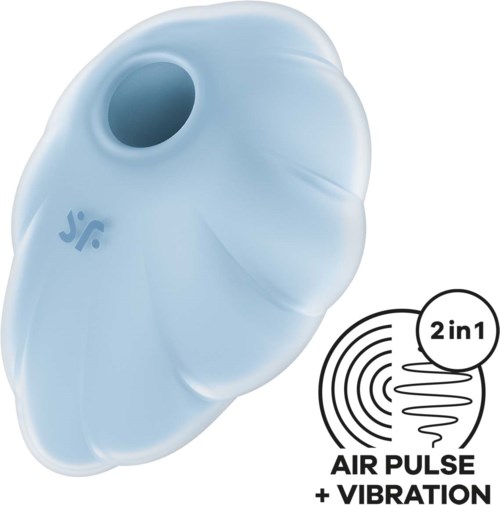 A blue hearing aid with air pulse and vibration features, designed to help improve hearing.
